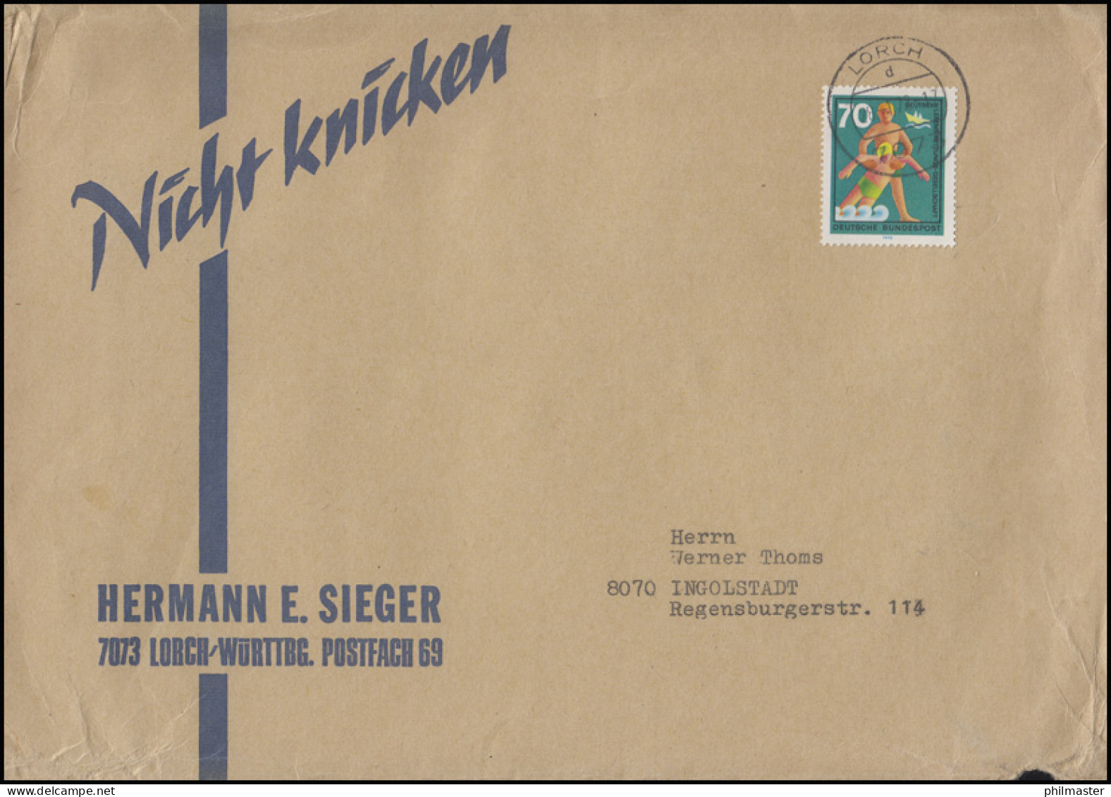 634 Hilfsdienste Deutsche Lebensrettungsgesellschft 70 Pf EF Brief Lorch 28.1.72 - Secourisme