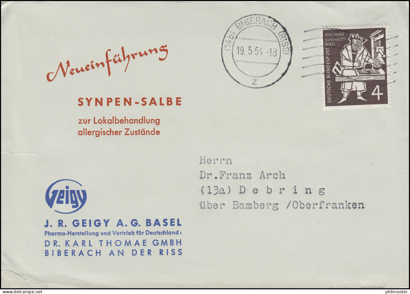 198 Gutenberg-Bibel EF Drucksache Synpen-Salbe BIBERACH/RISS 19.5.54 N. Debring - Pharmacie