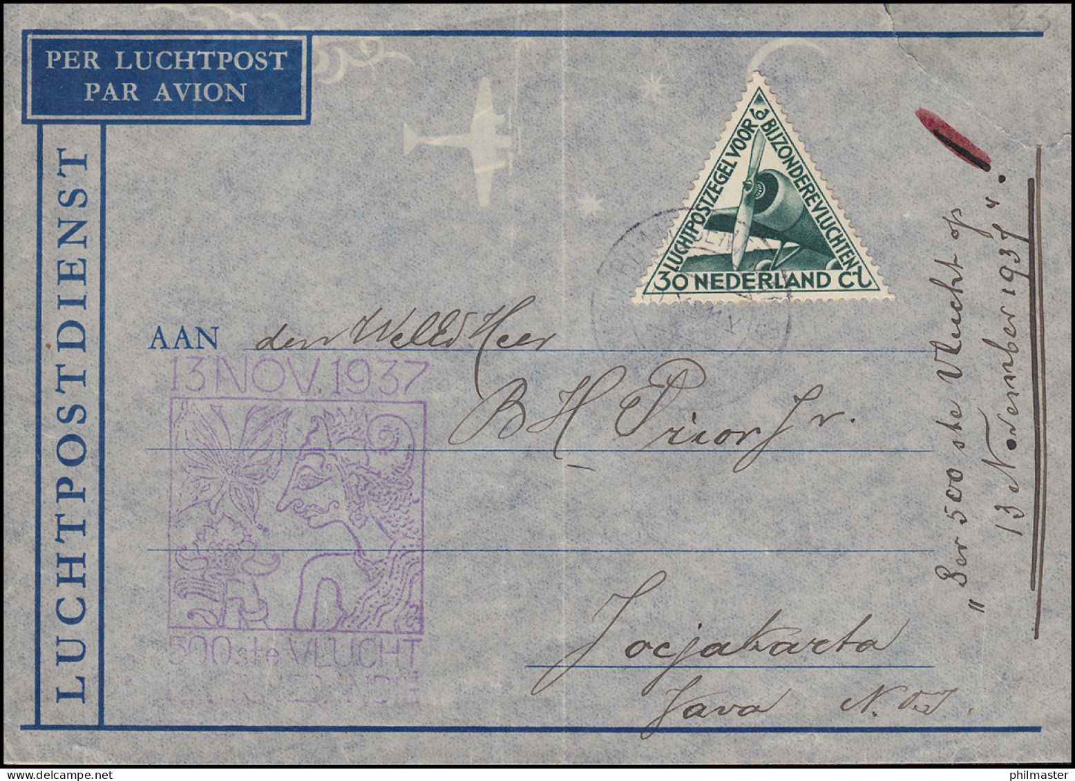 500. Flug Von NL Nach NL-Indien 13.11.1937 Brief EF267 AMSTERDAM 10.11.37 - Airmail