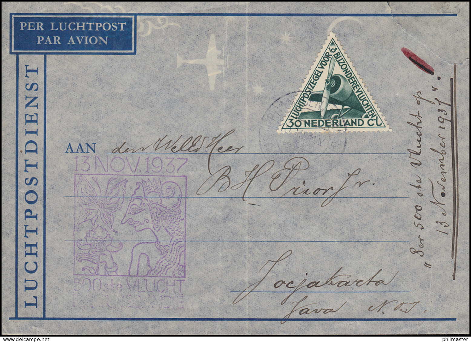 500. Flug Von NL Nach NL-Indien 13.11.1937 Brief EF267 AMSTERDAM 10.11.37 - Posta Aerea