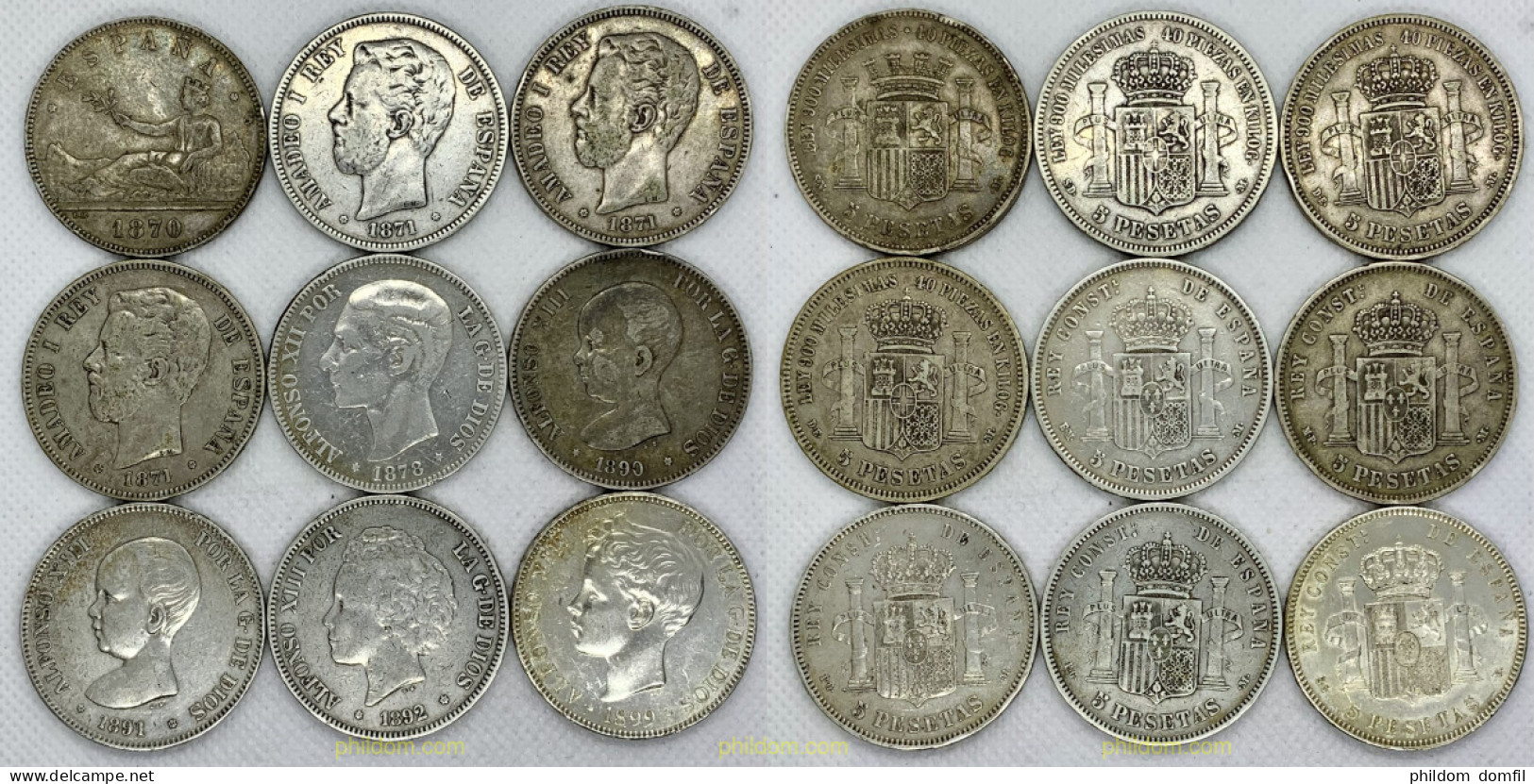 2475 ESPAÑA 1870 LOTE 9 DUROS 1870-1871*71-1871*74-1871*75-1878 EM M-1890 MP M-1891-1892-1899 5 PESETAS PLATA - Collections