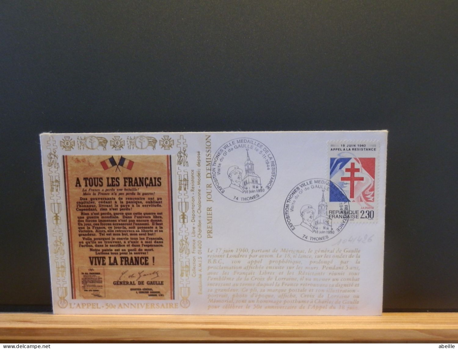 104/426    FDC   FRANCE  1990 SOIE - De Gaulle (General)