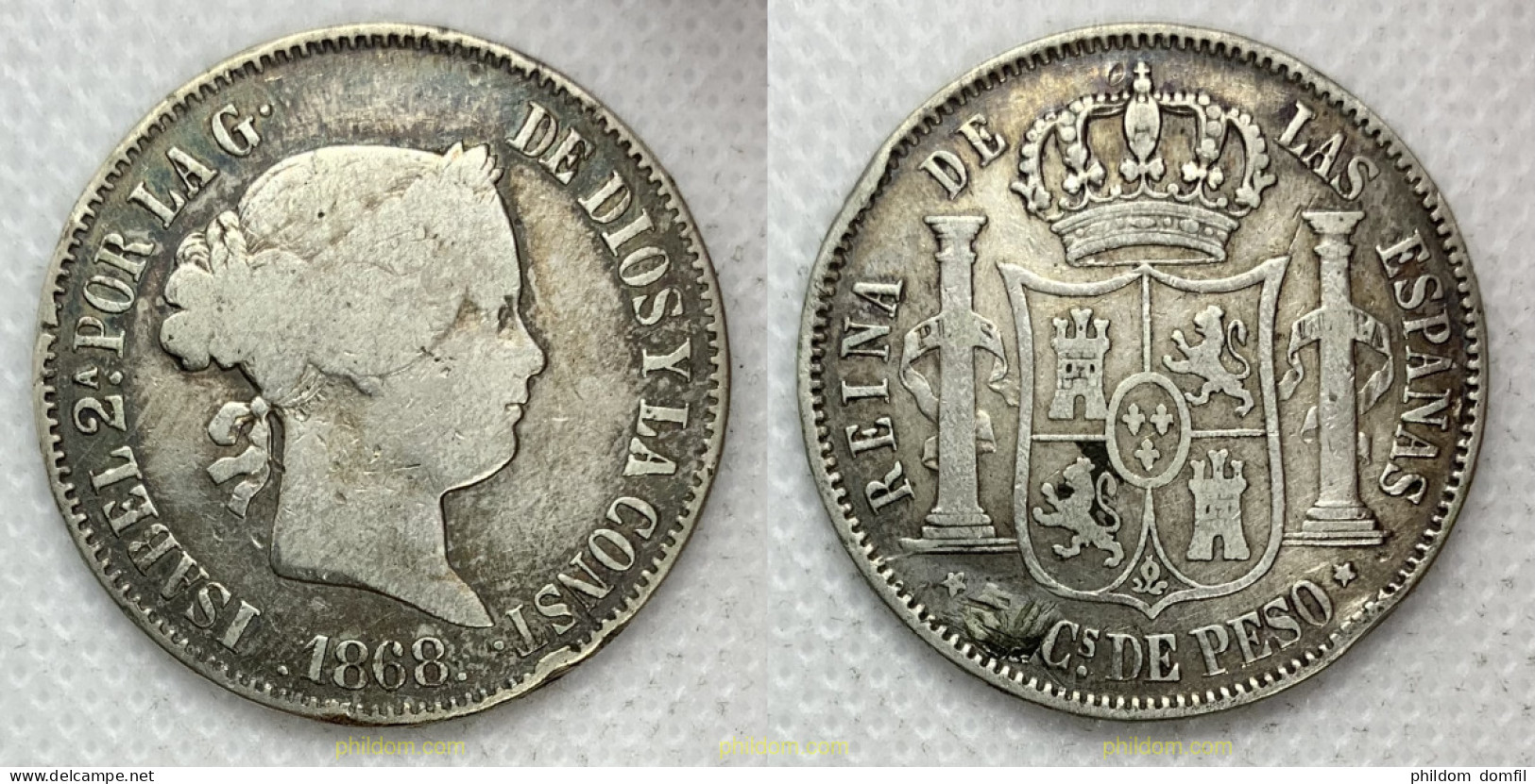 3124 ESPAÑA 1868 ISABEL II 1868 50 CENTIMOS DE PESO MANILA - Collezioni