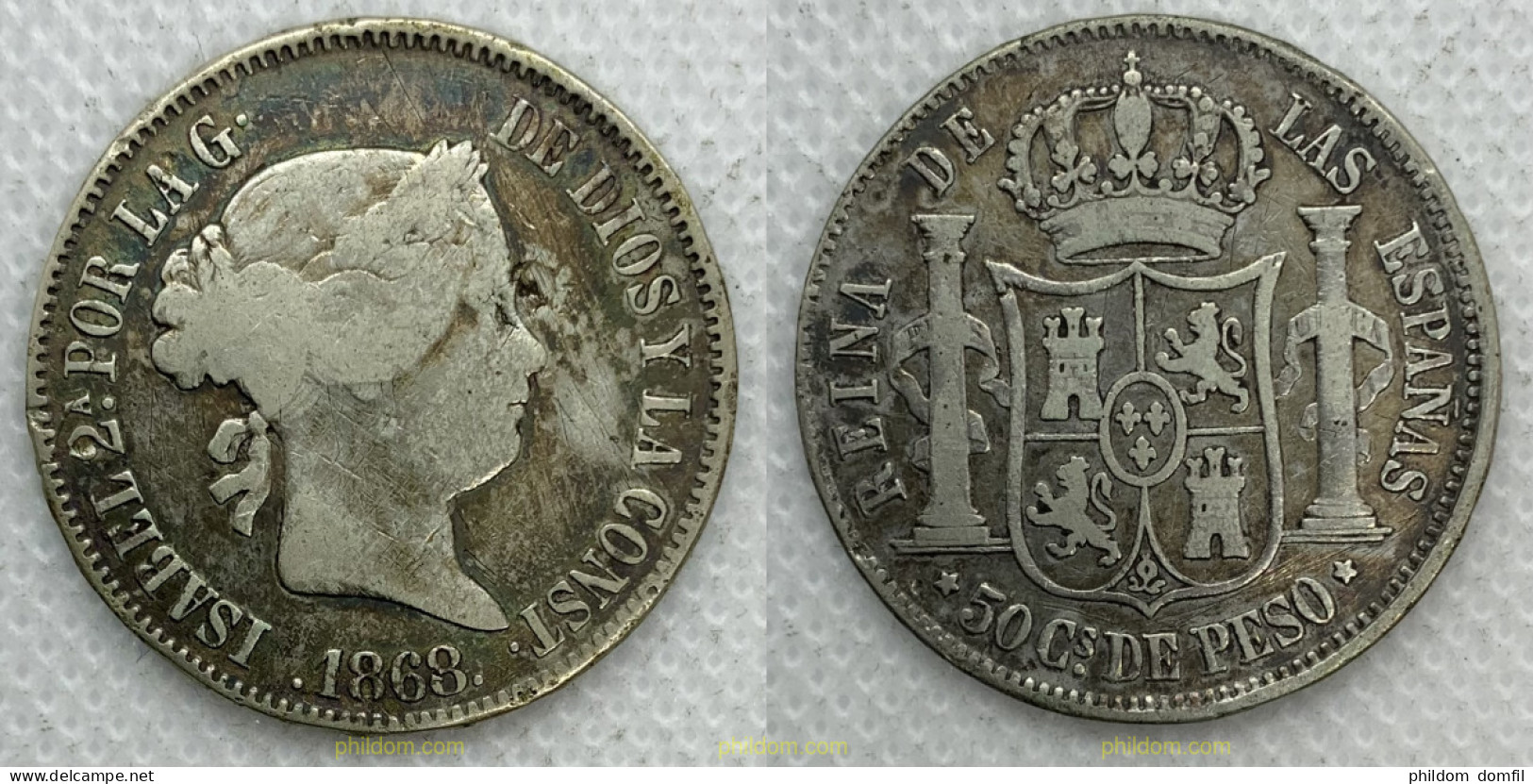 3136 ESPAÑA 1868 ISABEL II 1868 50 CENTIMOS DE PESO MANILA - Sammlungen