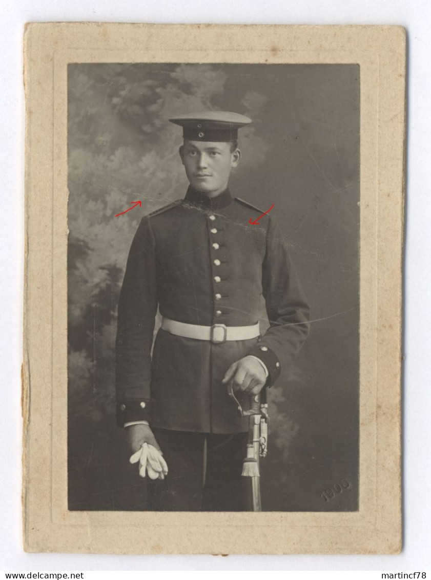 Foto Soldat Preußen Uniform Tellermütze Degen 1906 - Uniformes