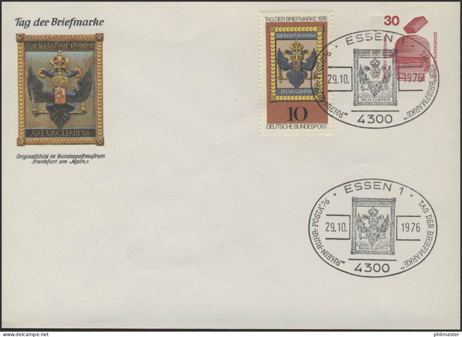 PU 63/20 Unfall 30 Tag Der Briefmarke, SSt Essen Posthausschild 20.10.1976  - Privé Briefomslagen - Ongebruikt