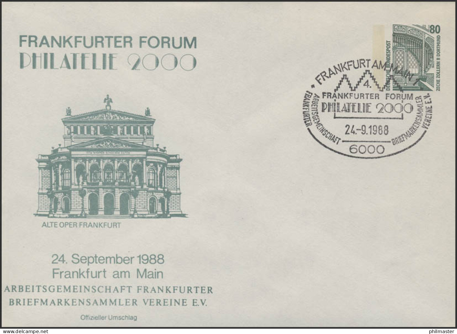 PU 288/30 Frankfurter Forum PHILATELIA 2000 Alte Oper, SSt FfM 24.9.88 - Privé Briefomslagen - Ongebruikt