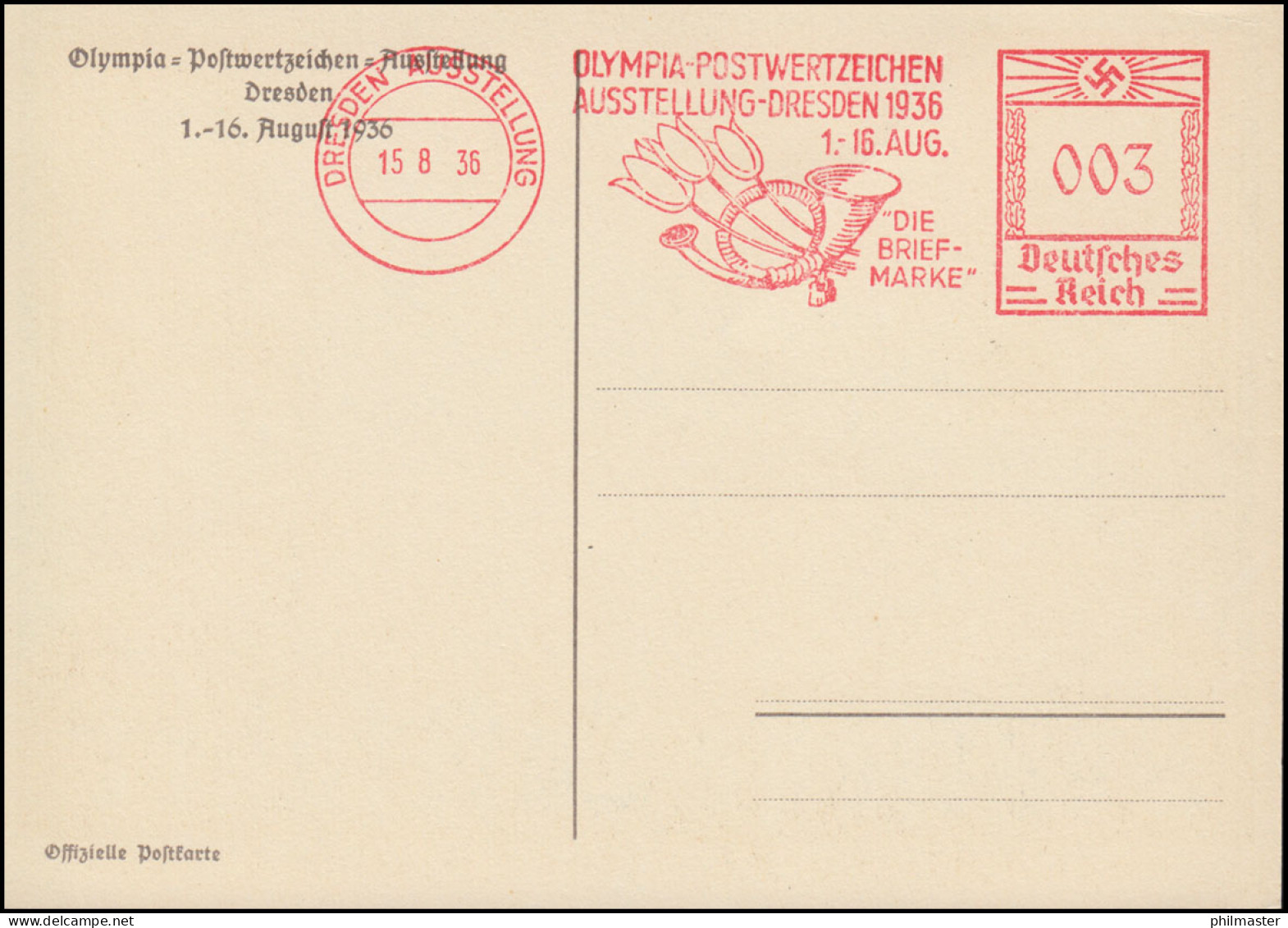 Sonder-AFS Olympia-Postwerzeicheh-Ausstellung DRESDEN 15.8.36 Auf AK Luftfahrt - Expositions Philatéliques