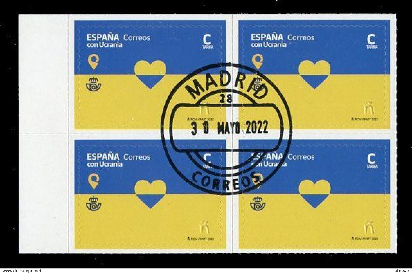 ESPAÑA (2022) ESPAÑA CON UCRANIA, Spain With Ukraine, Correos & Ukrposhta, Heart - Block Four, First Day Postmark - Used Stamps