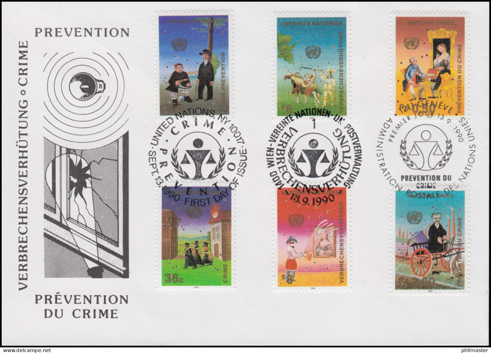 Verbrechensverhütung Prevention - Schmuck-FDC Der 3 UNO-Ausgaben 13.9.1990 - Police - Gendarmerie