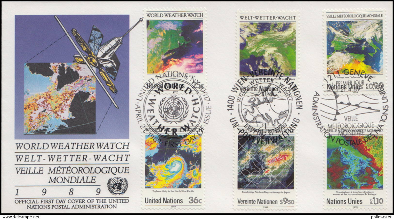 WMO Meteorologie Welt-Wette-Wacht - Schmuck-FDC Der 3 UNO-Ausgaben 1989 - Klimaat & Meteorologie
