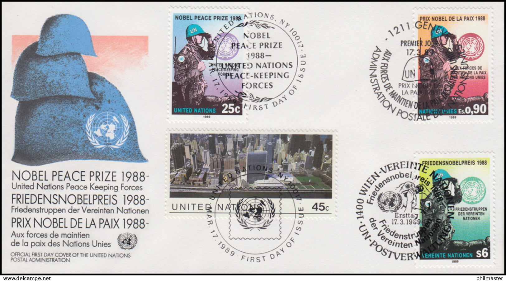 Friedensnobelpreis An UNO-Friedenstruppen - Schmuck-FDC Der 3 UNO-Ausgaben 1988 - Monnaies
