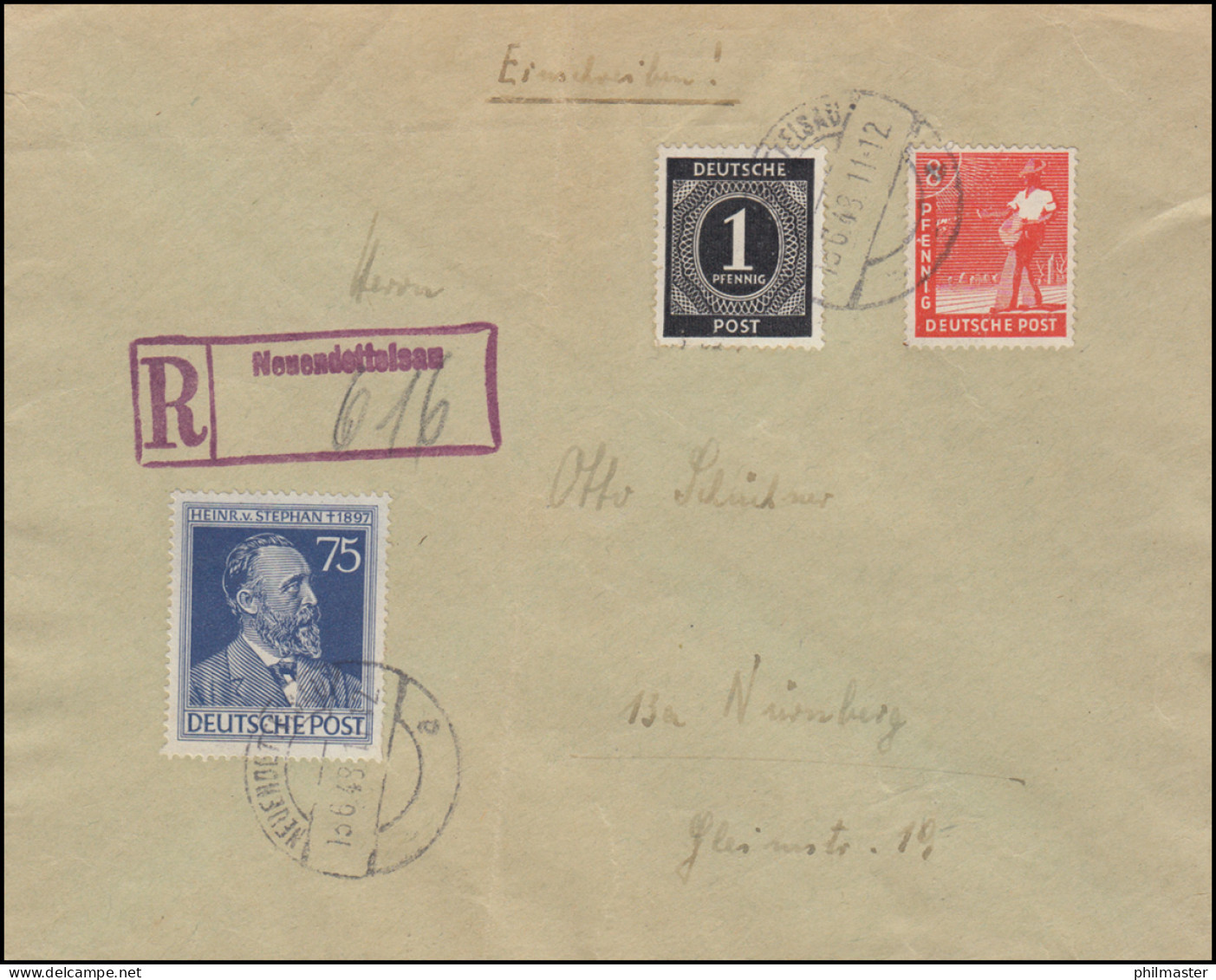 Not-R-Stempel Neuendettelsau Auf R-Brief Mit Stephan, NEUENDETTELSAU 13.6.1948 - R- & V- Vignetten