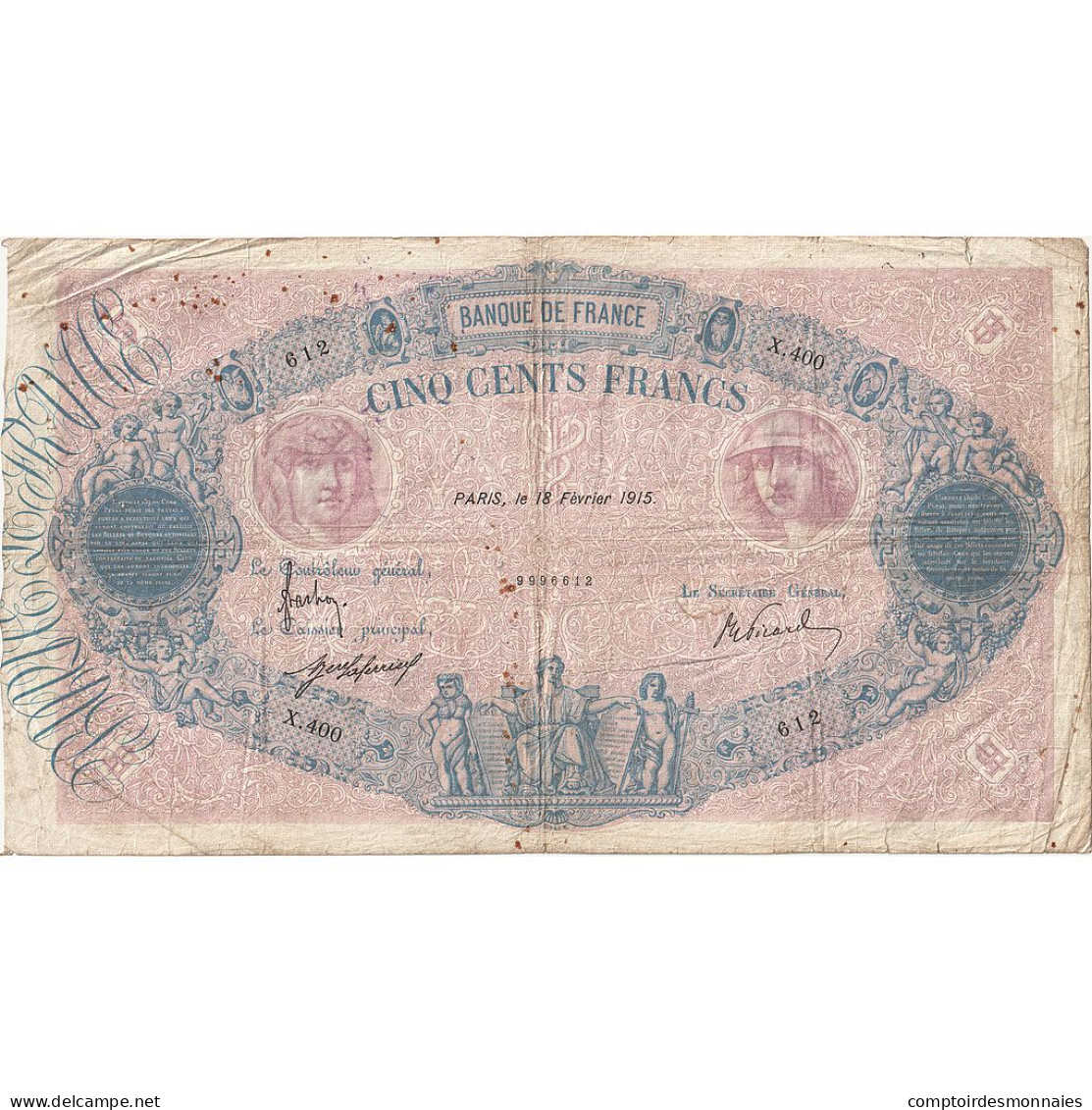 France, 500 Francs, Bleu Et Rose, 1915, X.400, B+, Fayette:30.22, KM:66g - 500 F 1888-1940 ''Bleu Et Rose''