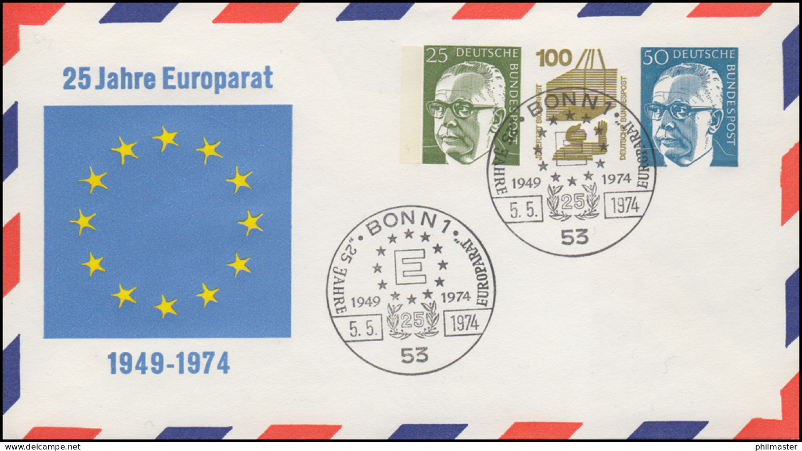 PU 60 25 Jahre Europarat 1949-1974, Passender SSt BONN 12 Sterne 5.5.1974 - Enveloppes Privées - Neuves