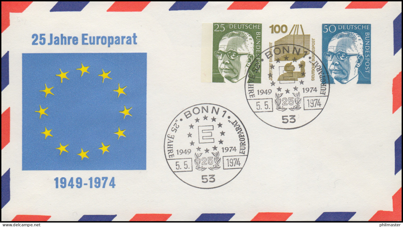 PU 60 25 Jahre Europarat 1949-1974, Passender SSt BONN 12 Sterne 5.5.1974 - Privé Briefomslagen - Ongebruikt