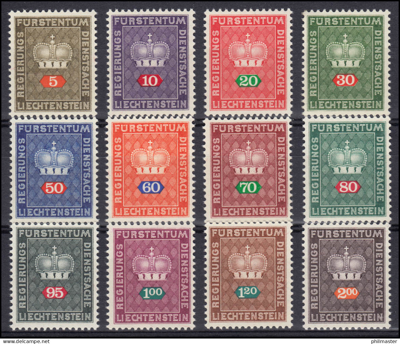 D45-56 Liechtenstein Dienst Fürstenkrone, 12 Werte Komplett, Satz ** Postfrisch - Dienstzegels