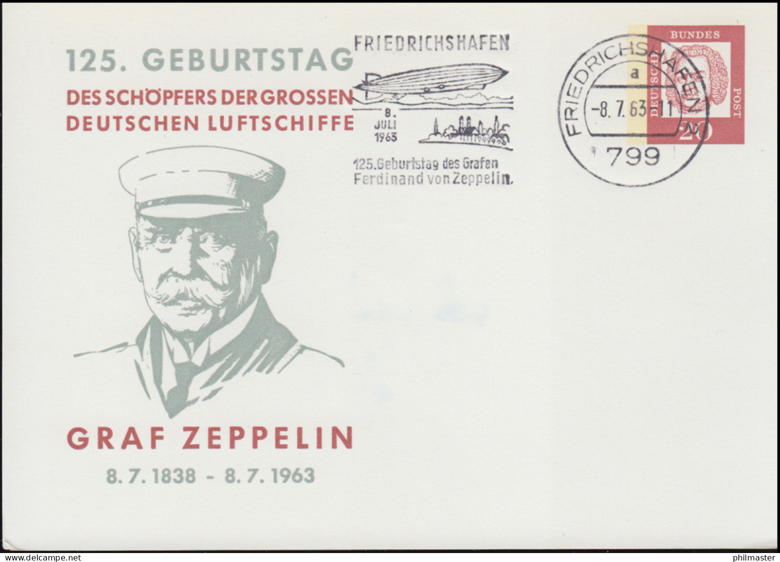 PP 30/1 Geburtstag Graf Zeppelin, Passender Werbestempel FRIEDRICHSHAFEN 8.7.63  - Private Covers - Mint