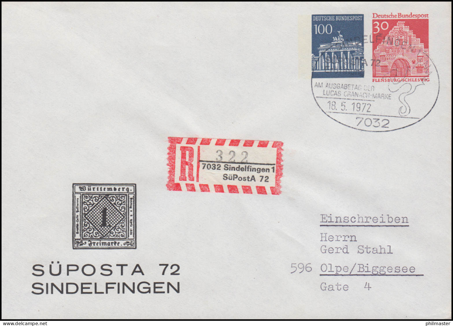 PU 38/2 SÜDPOSTA'72 Als R-Brief Mit Sonder-R-Zettel, SSt Sindelfingen 18.5.72 - Enveloppes Privées - Neuves