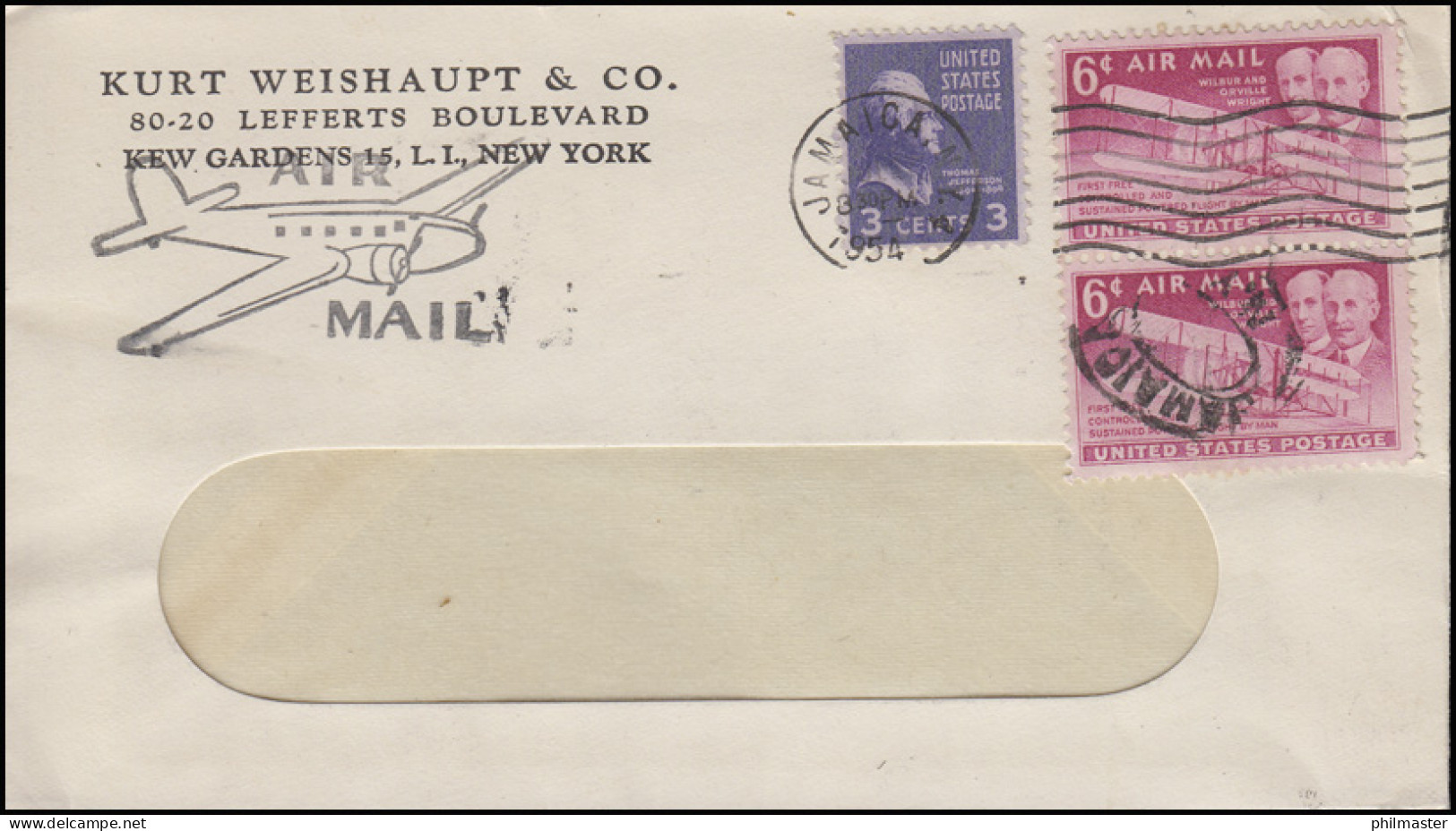 Luftpost-Brief Propellerflugzeug JAMAICA N.Y. 1954 Fensterbriefumschlag Mit MiF - Other & Unclassified