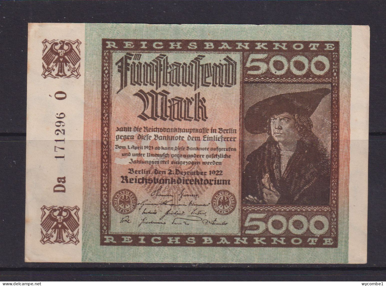 GERMANY - 1922 5000 Mark XF Banknote - 5000 Mark