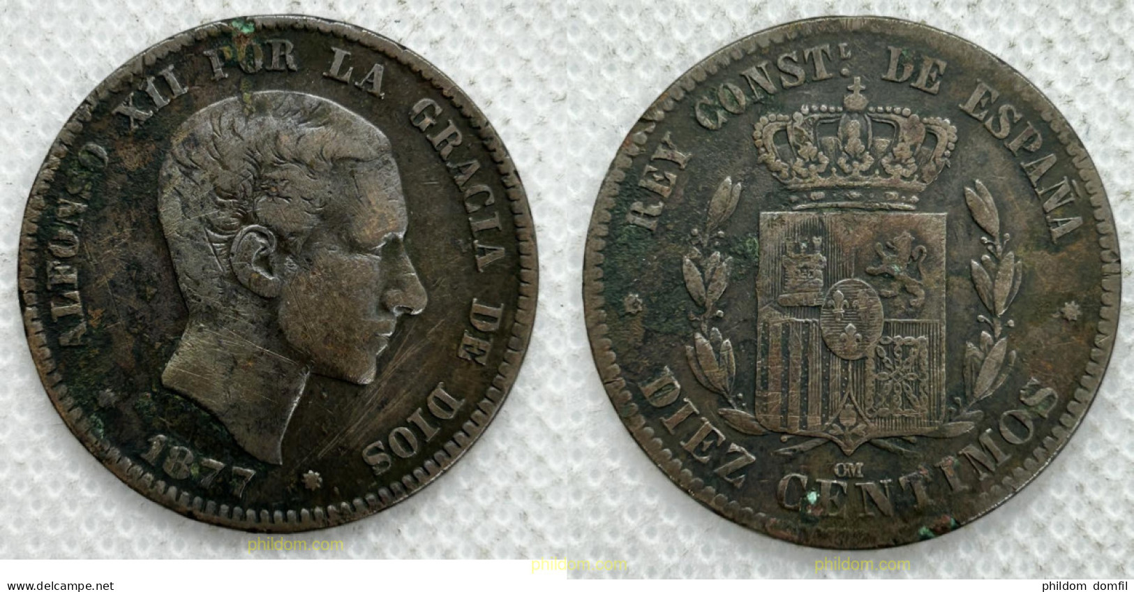 3506 ESPAÑA 1877 ALFONSO XII 10 CENTAVOS 1877 BARCELONA OM - Sammlungen