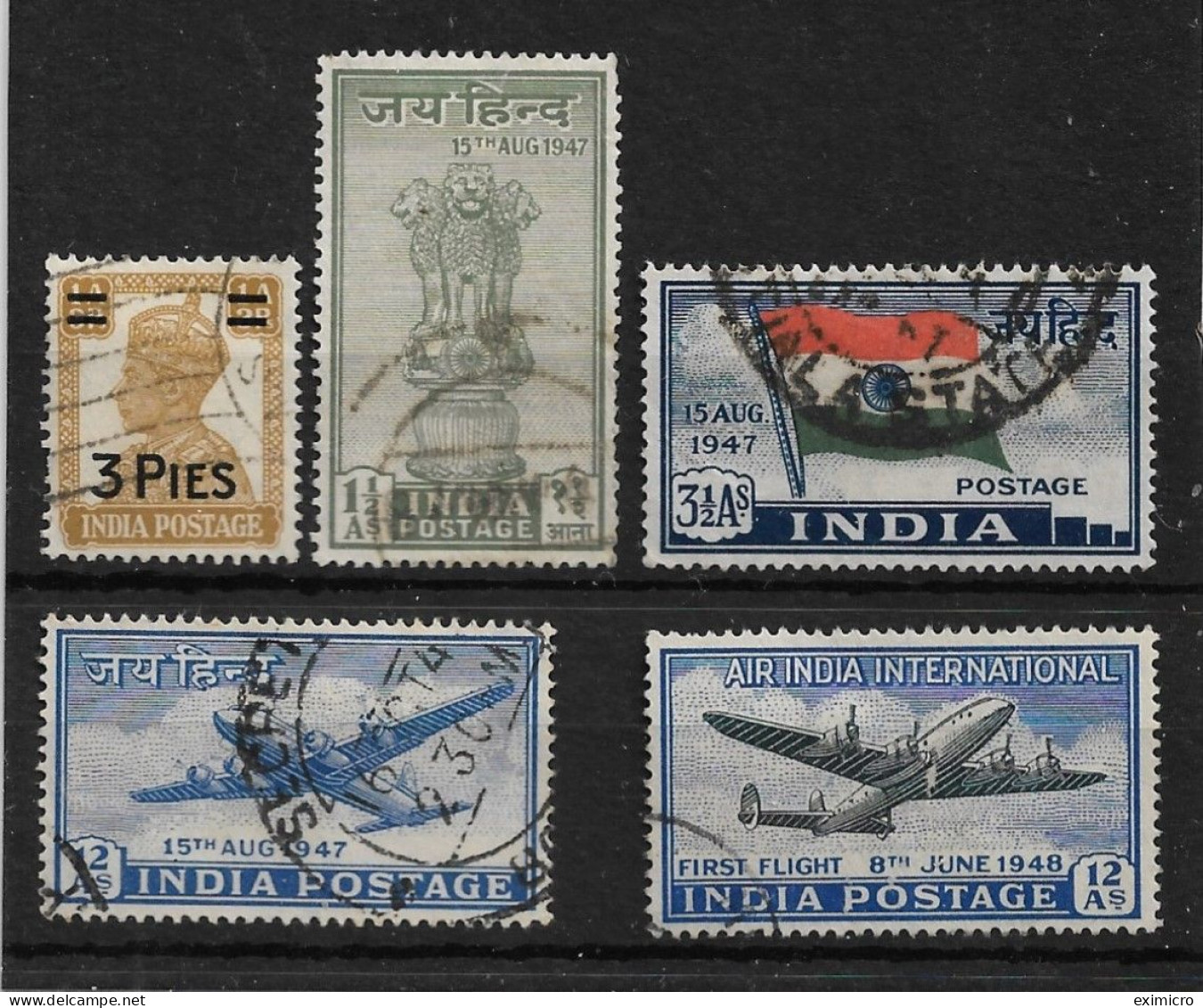 INDIA 1946 - 1948 SURCHARGE AND COMMEMORATIVE SETS SG 282, 301/304 Cat £10.15 - Used Stamps