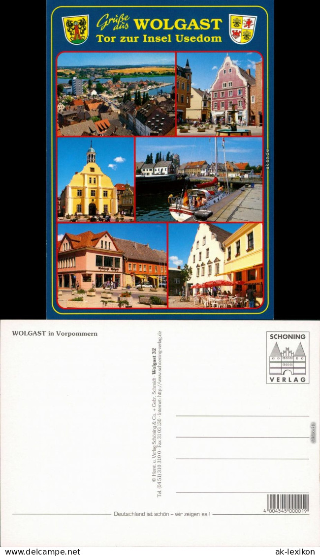Ansichtskarte Wolgast Markt, Brunnen, Rathaus, Hafen, Gaststätte 2000 - Wolgast