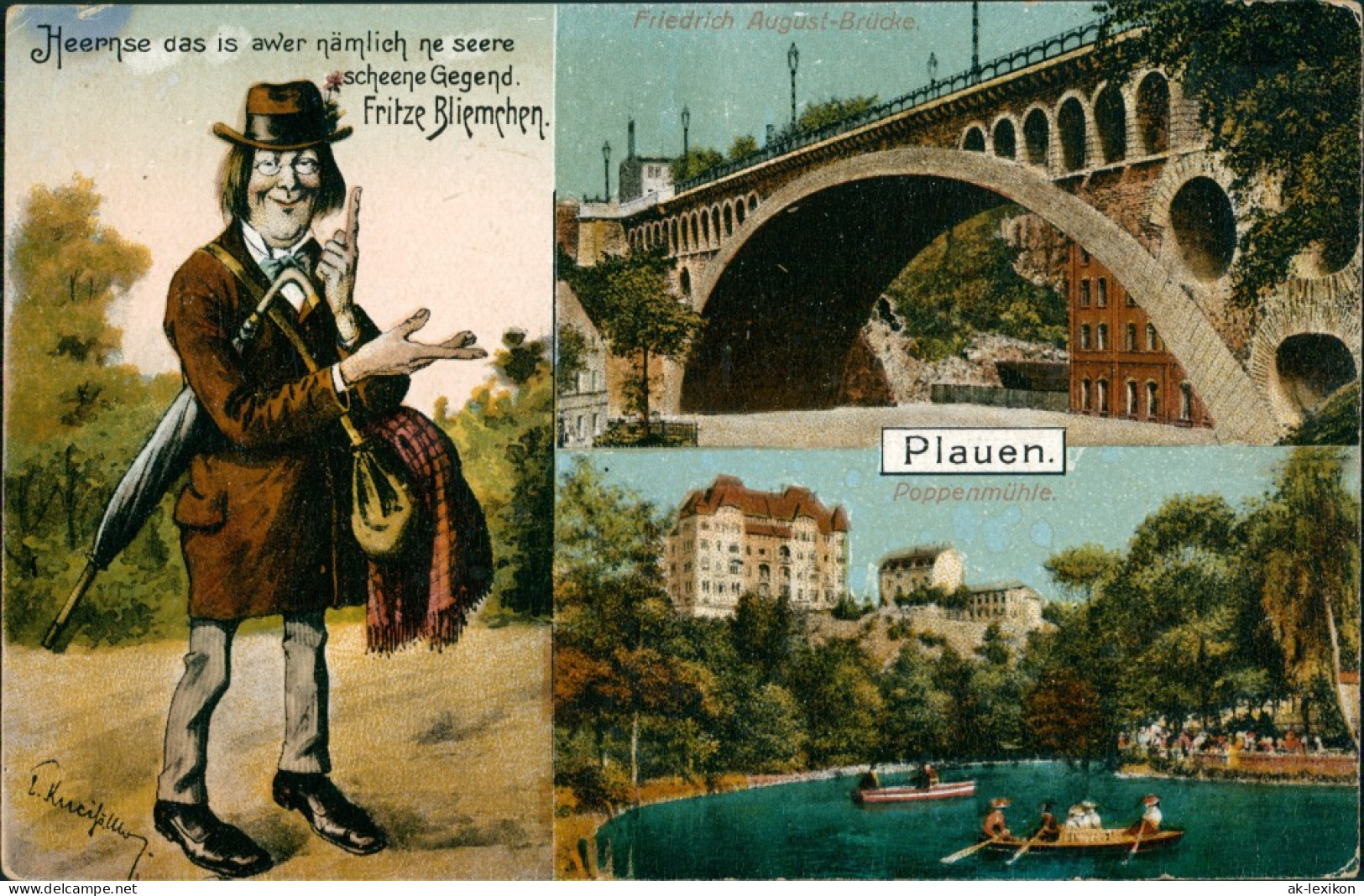 Ansichtskarte Plauen (Vogtland) 3 Bild: Poppenmühle, Bliemchen, Brücke 1913  - Plauen