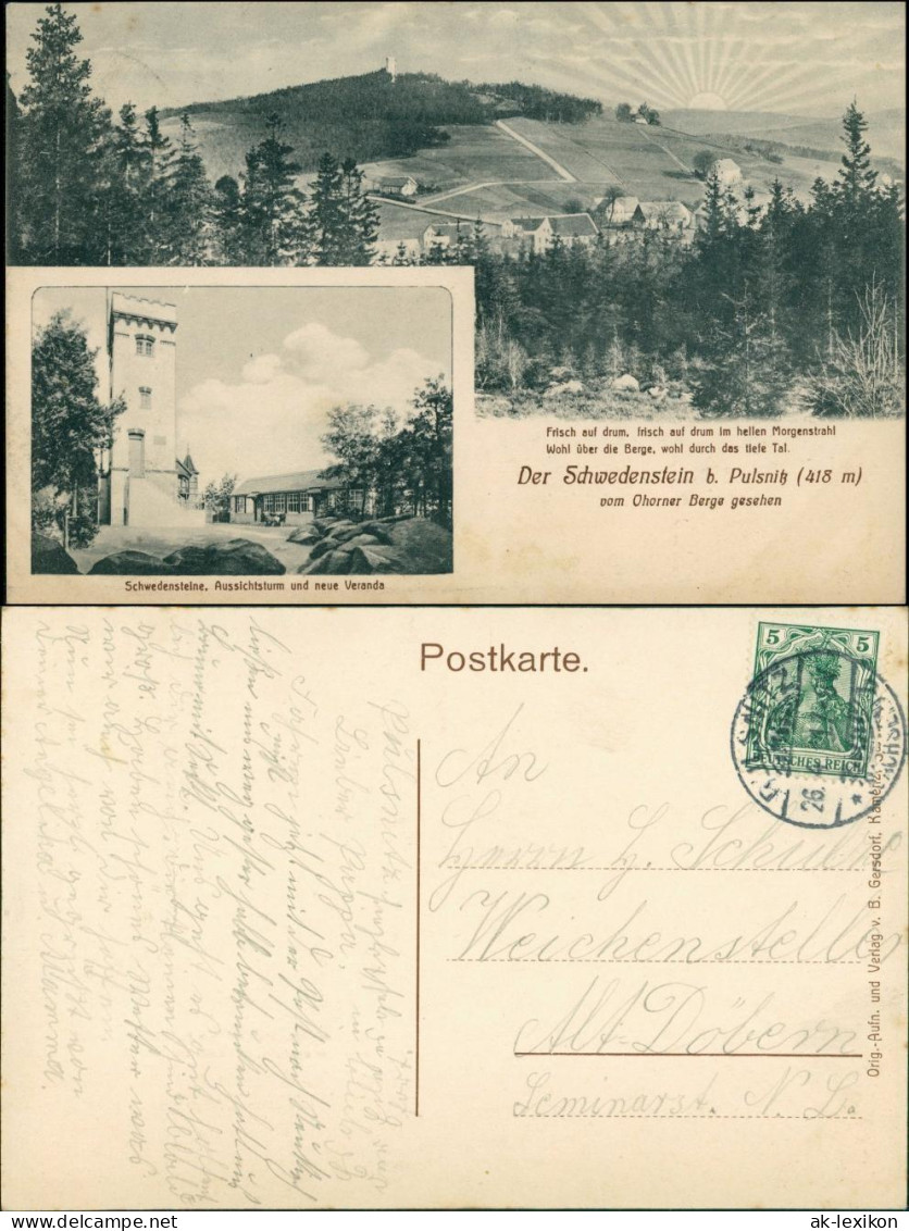 Pulsnitz Połčnica Schwedenstein, Stadt Aufgehende Sonne 2 Bild 1912 - Pulsnitz