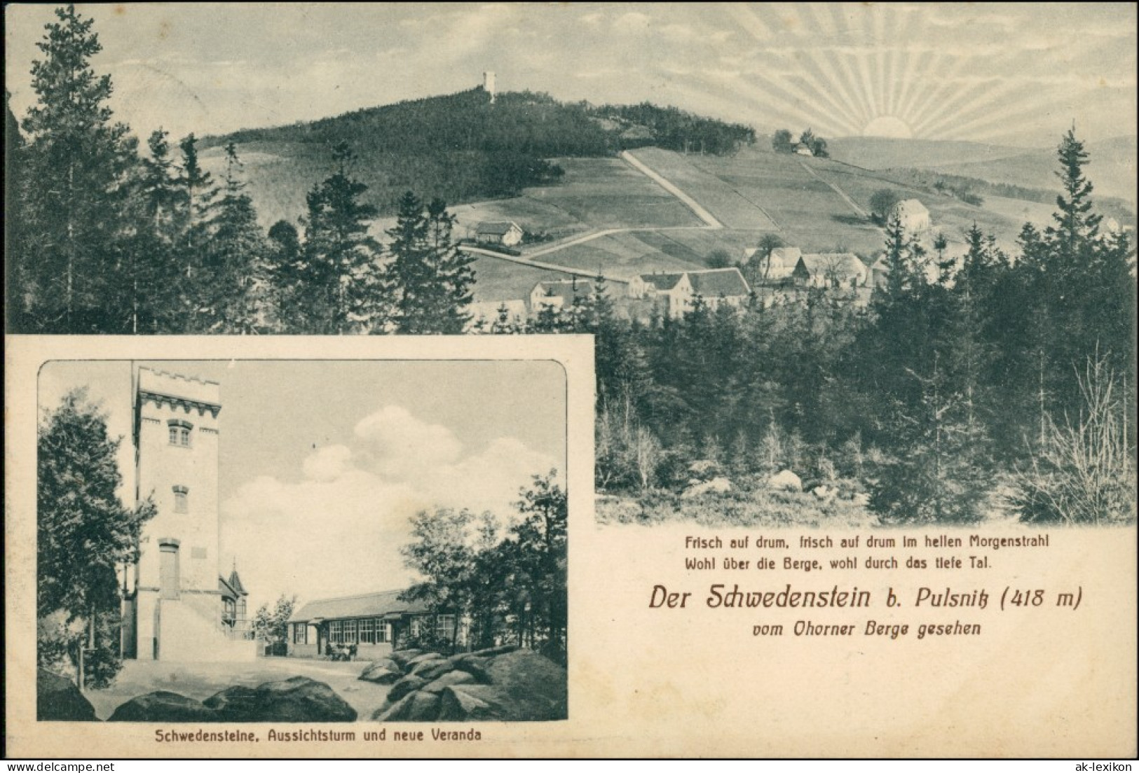 Pulsnitz Połčnica Schwedenstein, Stadt Aufgehende Sonne 2 Bild 1912 - Pulsnitz