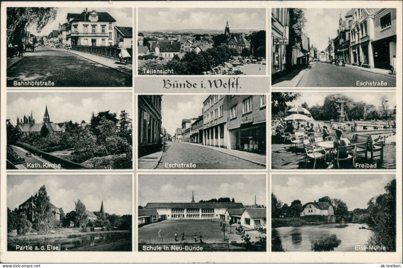 Ansichtskarte Bünde Eschstraße, Bahnhofstraße, Freibad 1956 - Buende