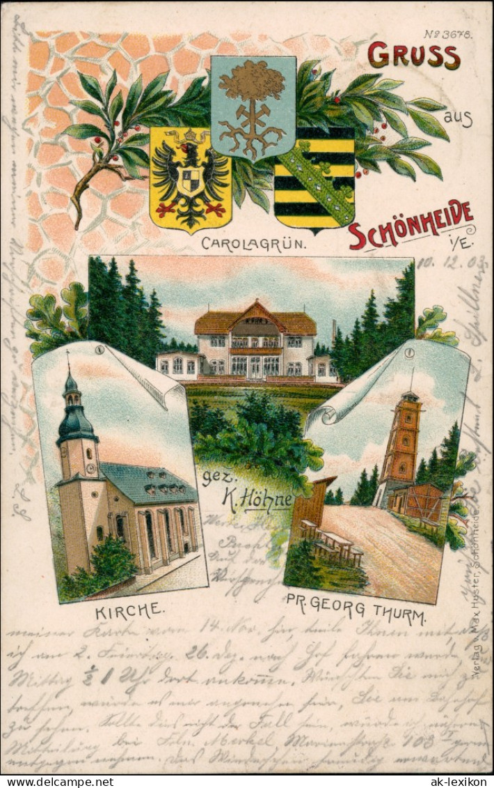 Carolagrün-Auerbach (Vogtland) Heraldik Litho Kirche, Turm, Kurhaus 1903 - Auerbach (Vogtland)