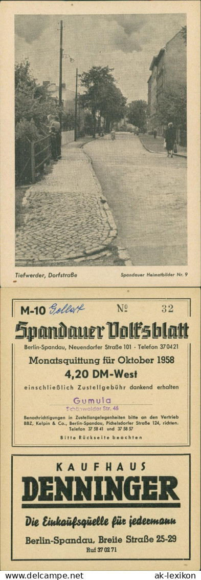 Spandau-Berlin Spandauer Volksblatt Sammlerkarte: Dorfstraße TIEFWERDER 1958 - Spandau