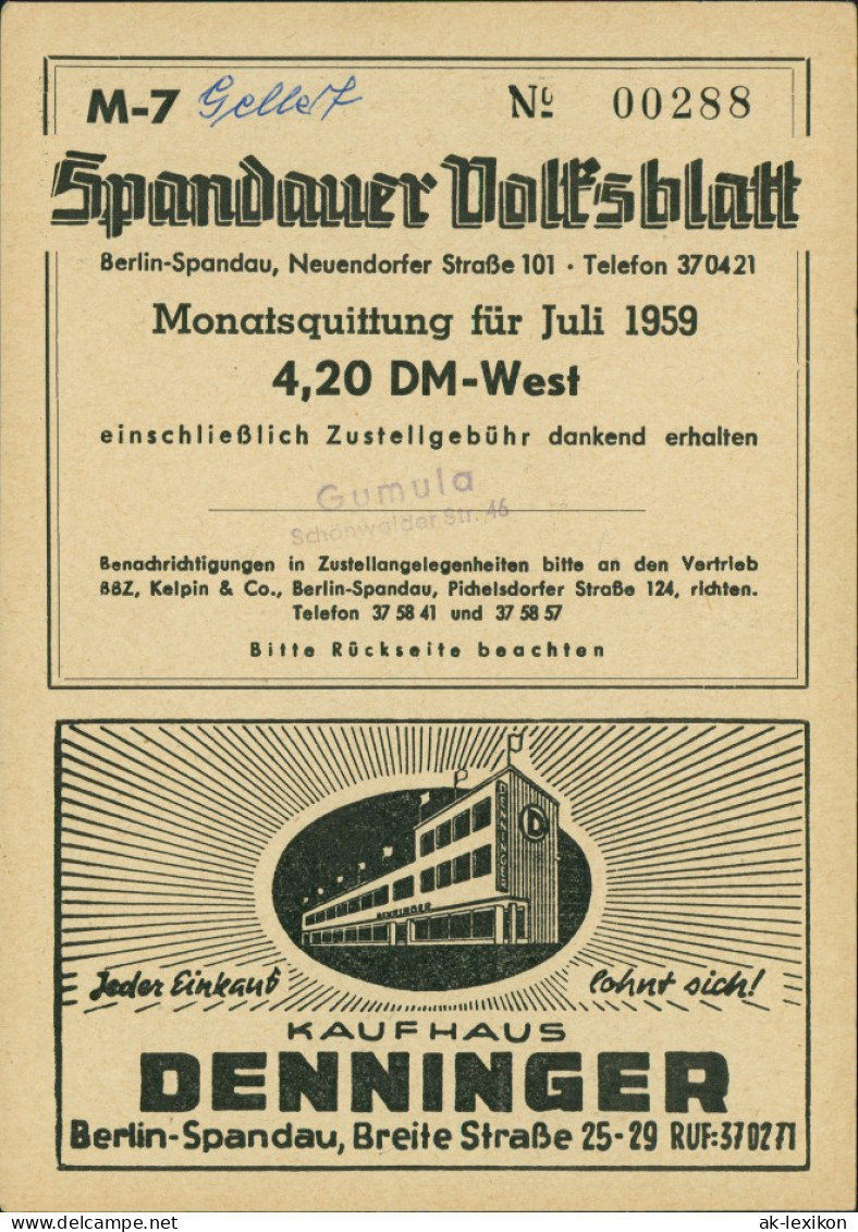 Spandau-Berlin Strandbad Oberhavel Spandauer Volksblatt Sammlerkarte 1959 - Spandau