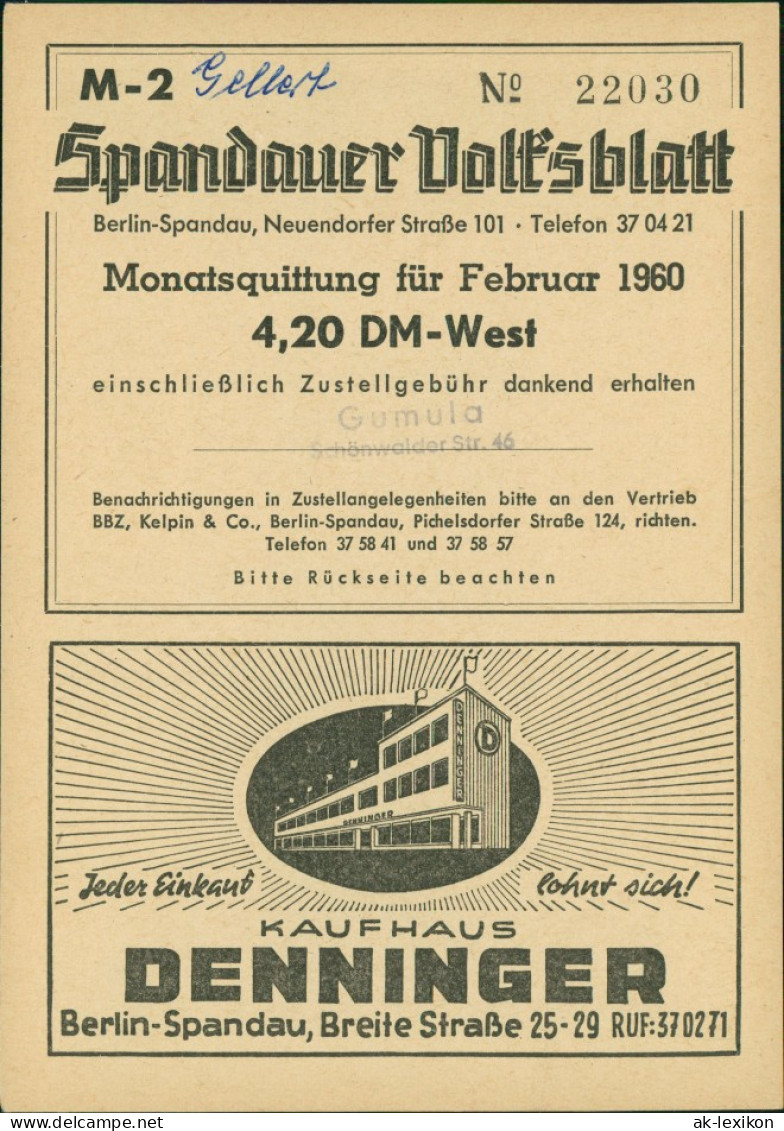 Spandau-Berlin Spandauer Volksblatt Heimatbild Zitadelle Mit Juliusturm 1960 - Spandau