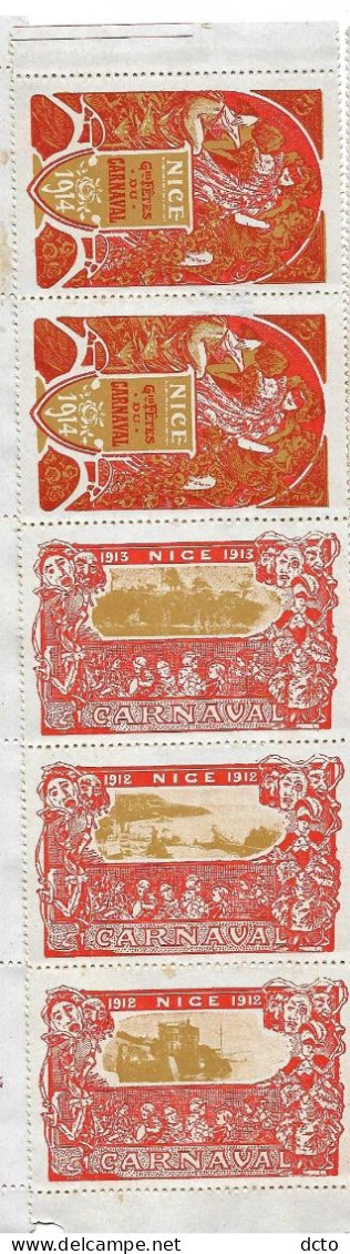 15 Vignettes NICE Gde Fêtes Du Carnaval 1912-13-14 En 3 Bandes De 5, Variation De Couleurs - Tourism (Labels)