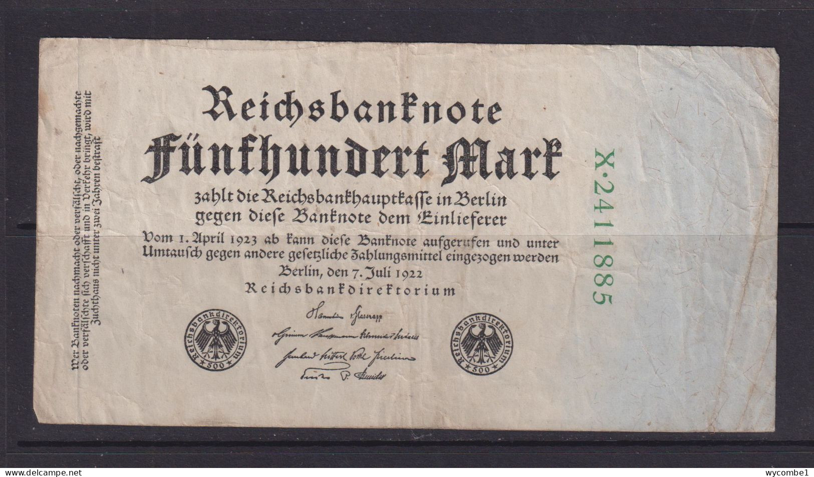 GERMANY - 1922 500 Mark Circulated Banknote - 500 Mark