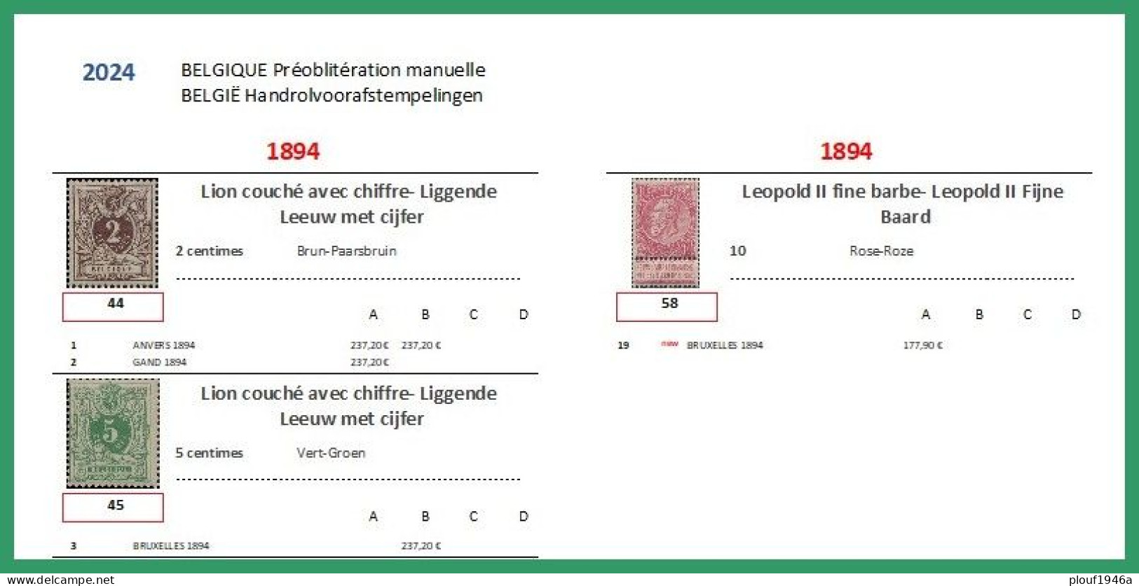 Belgique : New Catalogue 2024 ;  Préoblitérés Oblitérations Manuelles - Voorafgestempelde Zegels En Couleurs Avec Photos - Bélgica