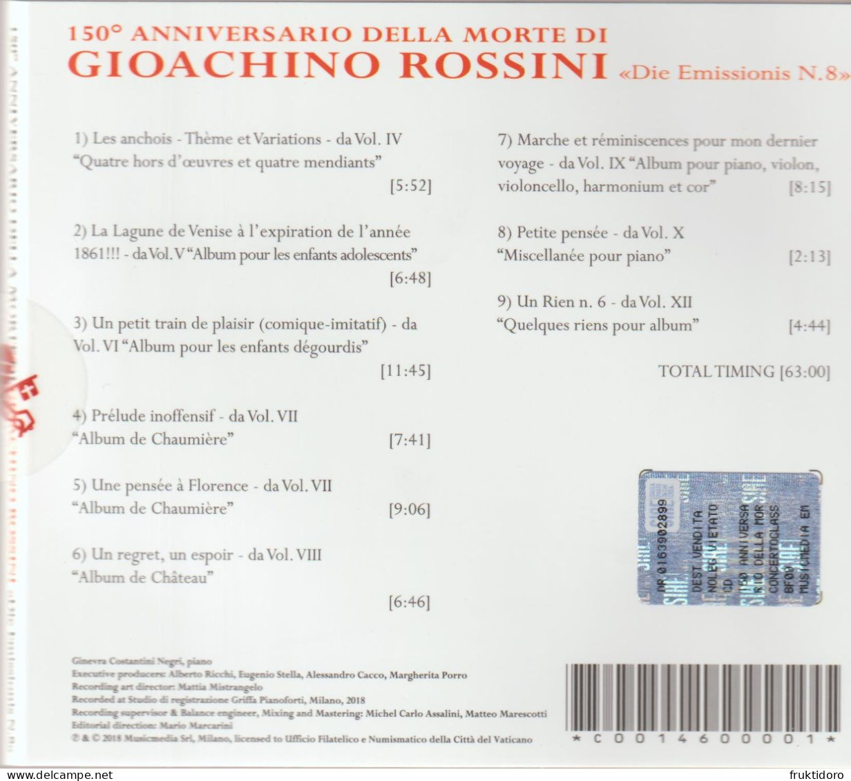 Vatican City Die Emissionis Nr 8 - Mi 1945 150th Death Anniversary Of Gioachino Rossini CD - Varietà E Curiosità