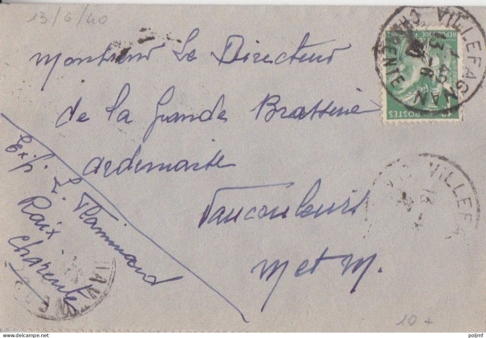 Lettre Obl. Villefagnan Le 13/6/40 Sur 1f Iris N° 432 (tarif Du 1/12/39) Pour Vaucouleurs - 1939-44 Iris