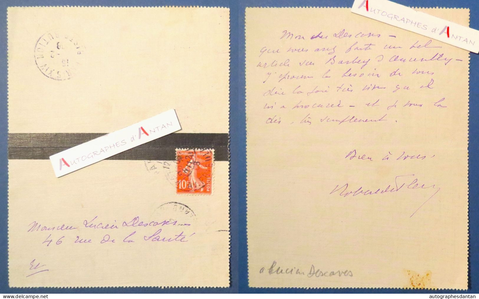 ● Robert De FLERS 1908 à Lucien DESCAVES Article BARBEY D'AUREVILLY Carte Lettre Autographe - Ecrivains