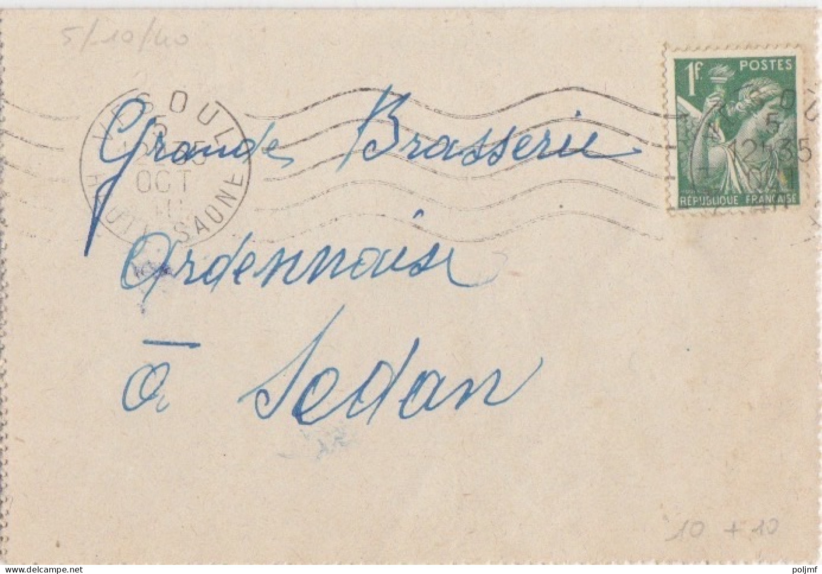 Lettre Obl. RBV Vesoul Le 5 Oct 40 Sur 1f Iris N° 432 (tarif Du 1/12/39) Pour Sedan - 1939-44 Iris