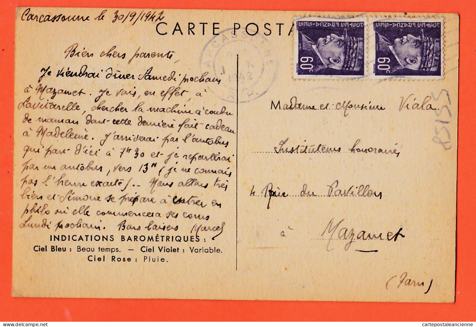 36308 / ⭐ Carte Barométrique LOTERIE NATIONALE 1942 à VIALA Instituteur Rue Du Pavillon Mazamet RAY BRET KOCH - Sonstige & Ohne Zuordnung