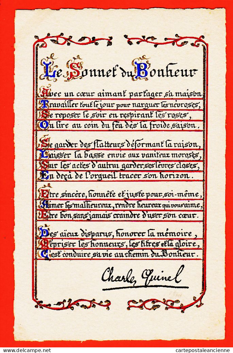 36293 / ⭐ Le SONNETdu  BONHEUR Charles QUINEL Ôde à La Vie Carte Postale  Enluminure 1940s - Filosofie