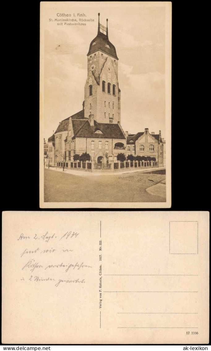 Ansichtskarte Köthen St. Martinskirdhe, Rückseite Mit Pastorenhaus 1919 - Köthen (Anhalt)