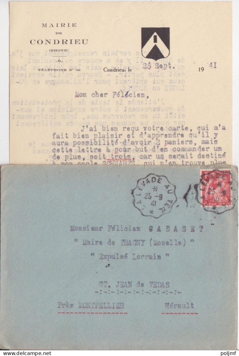 Lettre Avec Courrier Obl. Ambulant La Levage Au Teil Le 25/9/41 Sur 1f Iris N° 433 (tarif Du 1/12/39) Pour St Jean De Ve - 1939-44 Iris