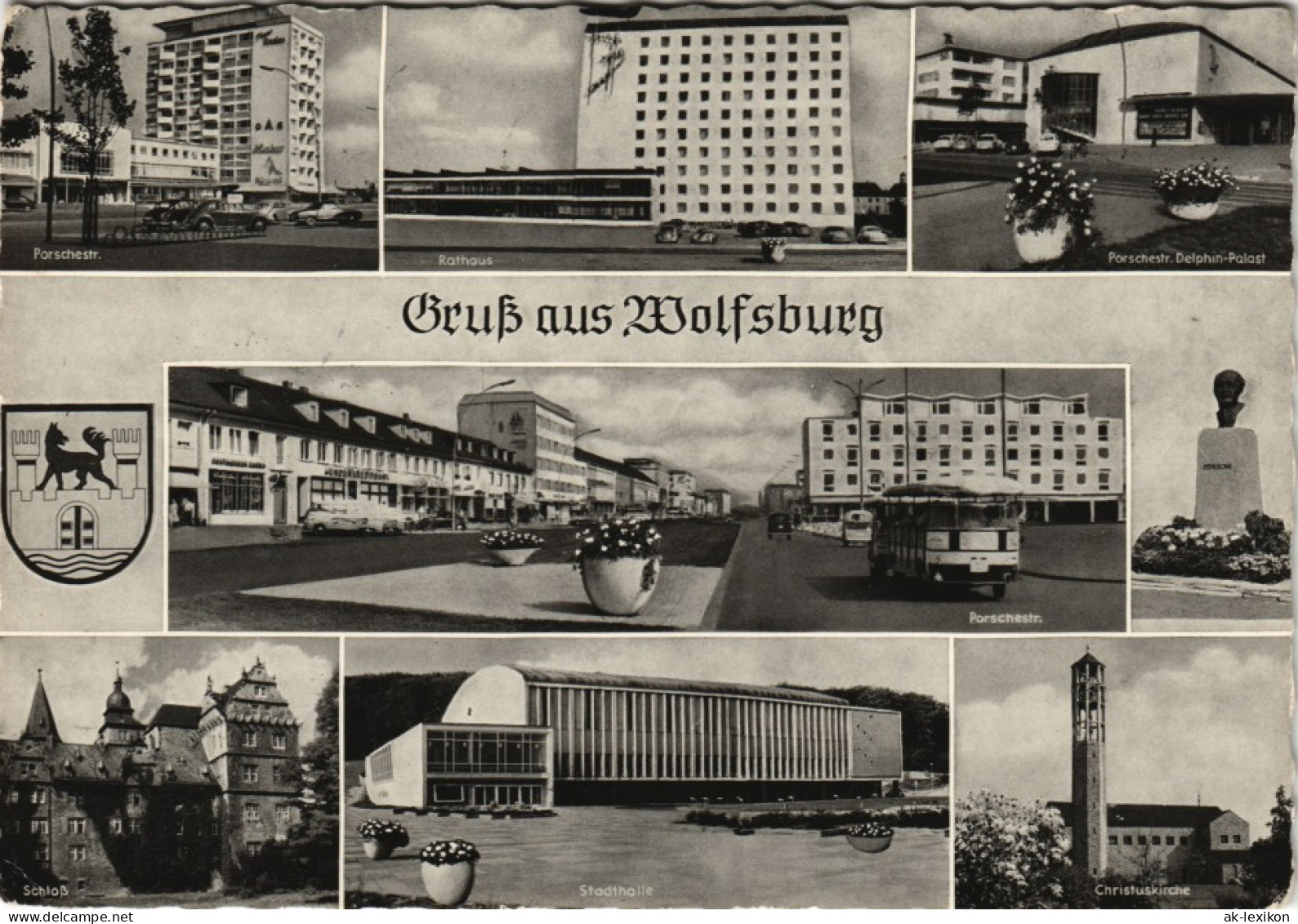 Ansichtskarte Wolfsburg MB: Porschestraße, Kirche, Stadthalle 1964 - Wolfsburg