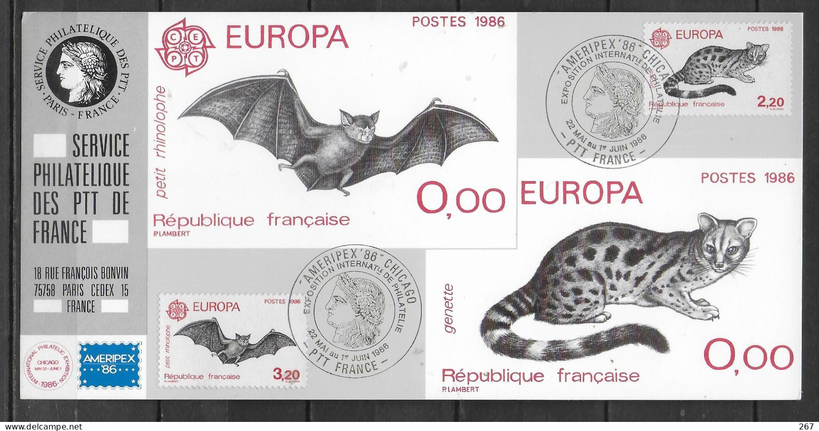 FRANCE Carte 1986 Chauve Souris  Genette Europa - Chauve-souris