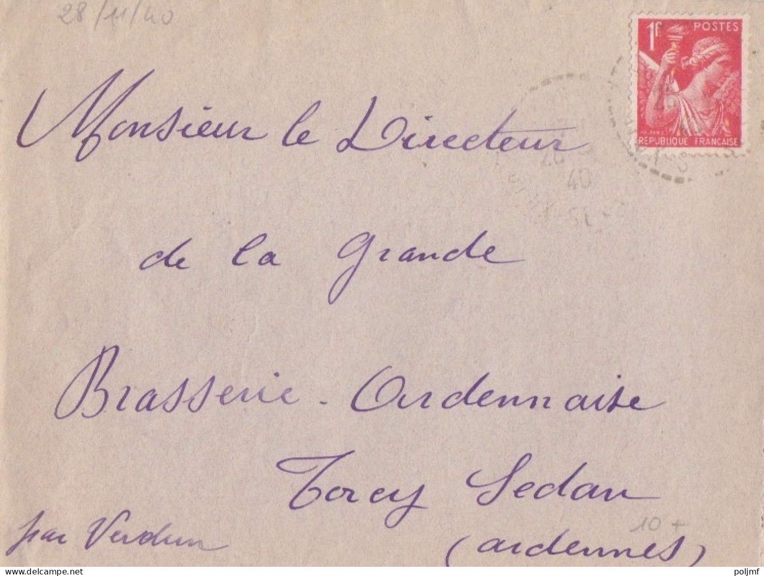 Lettre Obl. Villiers En Plaine Le 28/11/40 Sur 1f Iris N° 433 (tarif Du 1/12/39) Pour Sedan - 1939-44 Iris